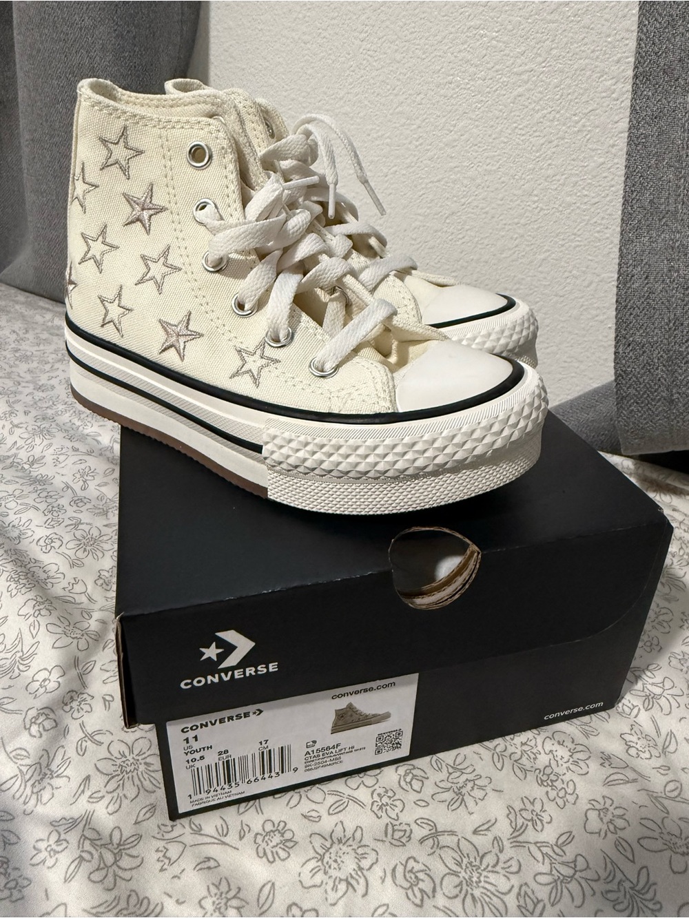 Converse Kids High-Top Sneakers in Cream with Silver Star Accents